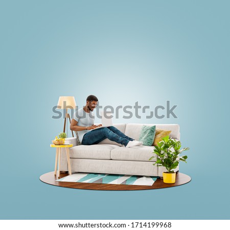 Unusual 3d illustration of a young businessman working on laptop computer sitting on a couch at his home office. Studying, freelance and home office concept