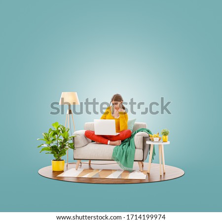 Unusual 3d illustration of a young pretty female working on laptop computer sitting on a couch at her home office. Studying, freelance and home office concept