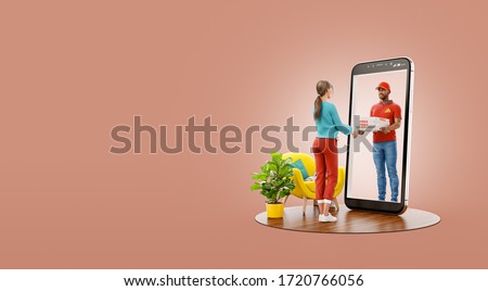 Young female receiving pizza from courier through smartphone screen. Food delivery service. Pizza delivery concept. Unusual 3d illustration