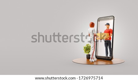 Young woman receiving parcel from delivery service courier through smart phone screen. Delivery and post apps concept. Unusual 3d illustration