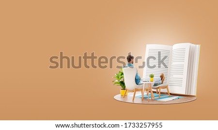 Young man reads a book sitting on an armchair at home. Reading and education concept. Unusual 3d illustration