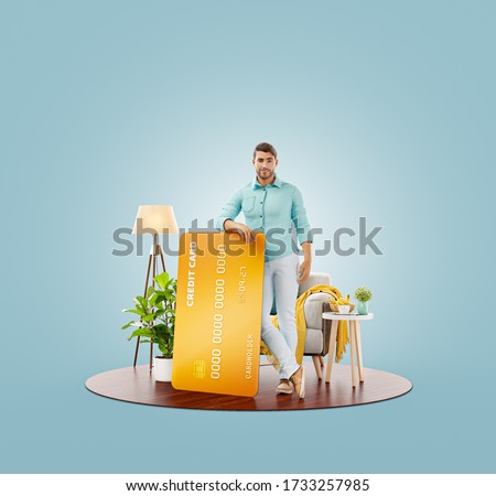 Unusual 3d illustration of a smiling young man with credit card at his home. Payment online concept.