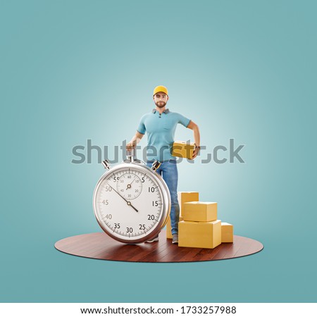 Unusual 3d illustration of Delivery man with stopwatch timer holding cardboard box. Delivery and post concept. Online shopping and Express delivery .