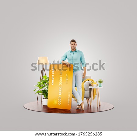 Young man with credit card at his home. Unusual 3d illustration