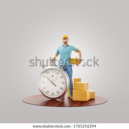 Delivery man with stopwatch timer holding cardboard box. Delivery and post concept. Unusual 3d illustration
