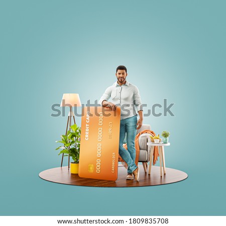 Unusual 3d illustration of a smiling young black man with credit card at his home. Payment online concept.