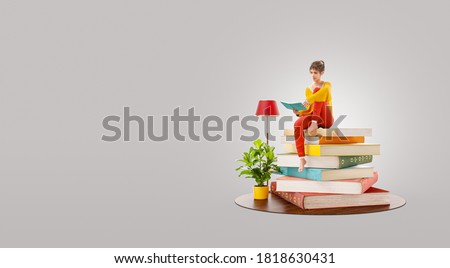 Unusual 3d illustration of female reads sitting on a stack of books.
