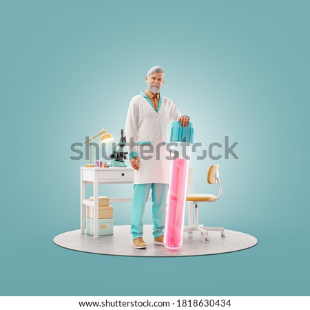 Unusual 3d illustration of scientist with vaccine standing in laboratory. Biochemistry, pharmaceuticals and health care concept.