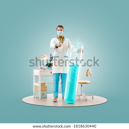Unusual 3d illustration of young scientist with vaccine showing thumb up while standing in laboratory. Biochemistry, pharmaceuticals and health care concept.