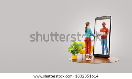 Unusual 3d illustration of a young female receiving pizza from courier through smartphone screen. Food delivery service. Pizza delivery concept.