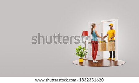 Unusual 3d illustration of a woman receiving shopping bags with fresh food from courier at the door. Food delivery service. Online shopping