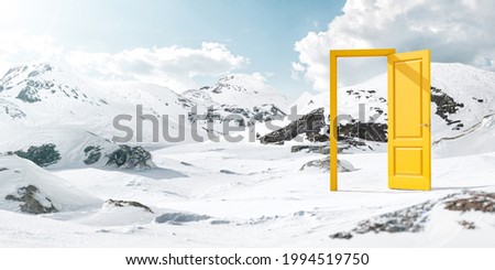 Unusual Design Concept. Surreal 3d Illustration of a Opened Yellow Door in the Middle of Snowy Mountains. Commercial Advertizing Concept.