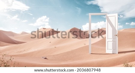 Unusual Design Concept. Surreal 3d Illustration of a Opened White Door in the Middle of the Desert. Commercial Advertizing Concept.