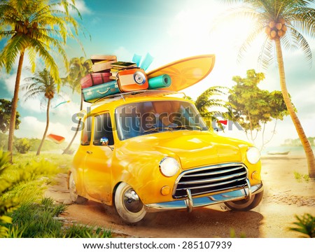 Funny retro car with surfboard and suitcases on a beach with palms. Unusual summer travel illustration