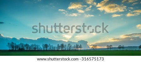 Scenic panorama of green field at sunset