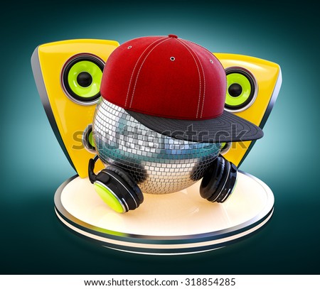 Mirror ball with cap and headphones. DJ.