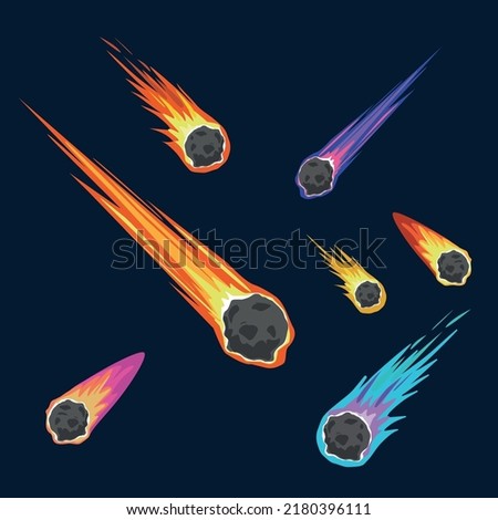 Illustration of space meteors, comets and asteroids with fire trails 