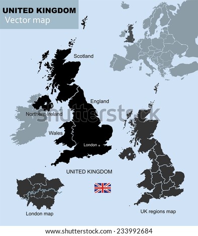 United Kingdom countries, UK regions and London vector map