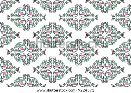 old wrought iron pink rose vine as medallion repeat background pattern