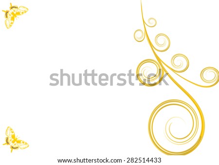 Golden curls and two butterflies with white background - with copy space
