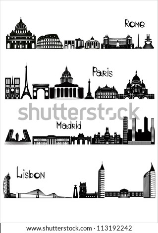 Main sights of four european capitals - Rome, Paris, Madrid and Lisbon, drawn in black and white style.