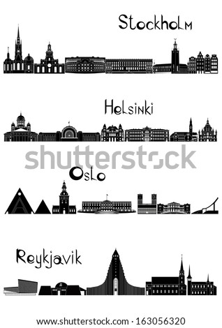 Main sights of four european capitals - Stockholm, Oslo, Reykjavik and Helsinki, drawn in black and white style. 