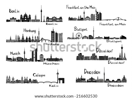 Vector illustration of silhouettes of 8 cities of Germany - Berlin, Frankfort on the Main, Hamburg, Stuttgart, Dusseldorf, Munich, Dresden, Cologne