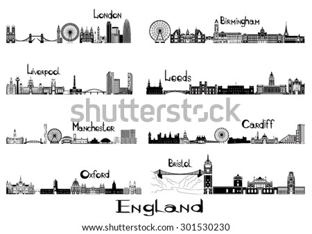 Silhouette sights of 8 cities of England - London, Liverpool, Manchester, Oxford, Birmingham, Leeds, Cardiff, Bristol