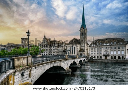 Similar – Image, Stock Photo Zurich cityscape with blue tram in the old city center