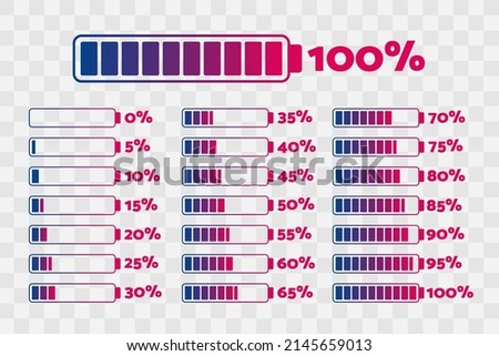 5 10 15 20 25 30 35 40 45 50 55 60 65 70 75 80 85 90 95 100 0 percent charts. Vector percentage infographics. Isolated icons for download, battery charge, business, design