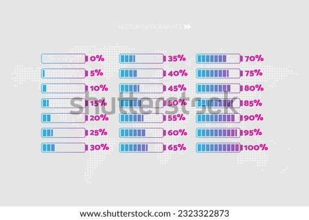 5 10 15 20 25 30 35 40 45 50 55 60 65 70 75 80 85 90 percent chart. Vector percentage set for download, infographic, progress, business, finance, report, battery charge, web design