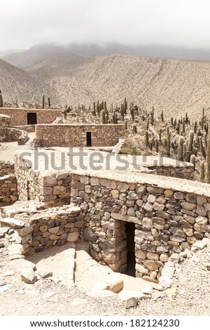 Cactus overgrowing ruins of ancient indian village Tilcara, North Argentina