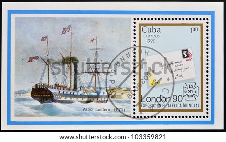 CUBA - CIRCA 1990: A stamp printed in cuba shows LEITH coastal steamer and cover letter with a penny stamp, circa 1990