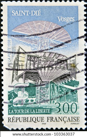 FRANCE - CIRCA 1998: A stamp printed in France shows The Freedom Tower at Saint-Die (Vosges), circa 1998
