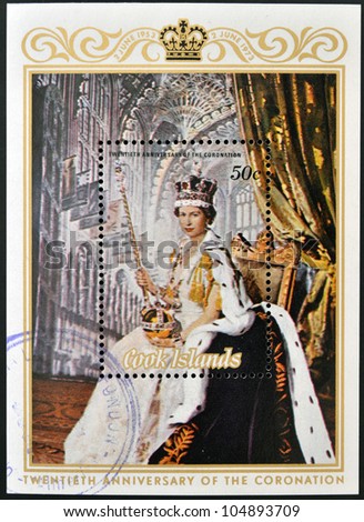 COOK ISLANDS - CIRCA 1973: A stamp printed in Cook Islands shows portrait of Queen Elizabeth II (coronation), circa 1975.