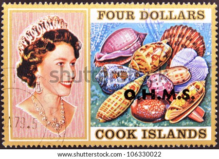 COOK ISLANDS - CIRCA 1974: Stamp printed in Cook Islands shows Portrait of Queen Elizabeth II, with collection of shells,, circa 1974