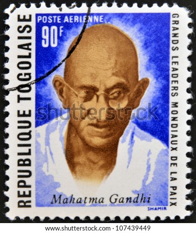 REPUBLIC OF TOGO - CIRCA 1969: A stamp printed in Togo dedicated to great world leaders of peace, shows Mahatma Gandhi, circa 1969