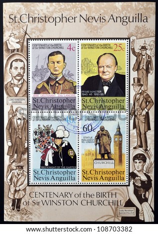 ST CHRISTOPHER NEVIS ANGUILLA - CIRCA 1974: Collection stamps printed in St Christopher Nevis & Anguilla shows Winston Churchill, Prime Minister 1940-45 and 1951-55 , circa 1974