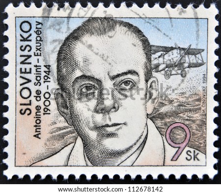 SLOVAKIA - CIRCA 1994: A stamp printed in Slovakia shows hows the author of The Little Prince, Antoine de Saint-Exupery, circa 1994