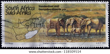 SOUTH AFRICA-CIRCA 1995: A stamp printed in the South Africa shows the African Elephant in the national park, circa 1995