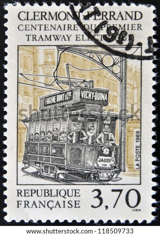FRANCE - CIRCA 1989: A stamp printed in France showing a tram, the centenary of the first electric train, Clermont Ferrand, circa 1989