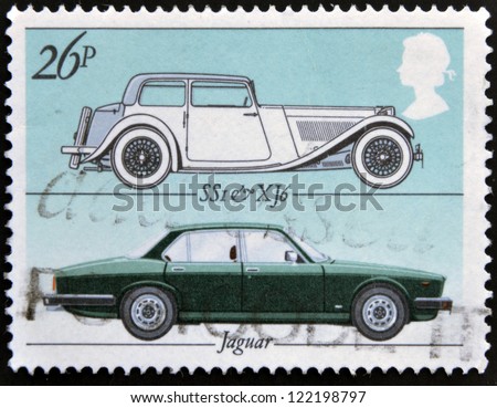 UNITED KINGDOM - CIRCA 1982: Stamp printed in Great Britain showing the Jaguar motor vehicle model SS1 and XJ6 to commemorate the British Motor Industry, circa 1982.