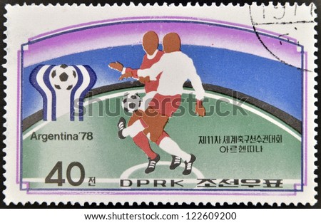 NORTH KOREA - CIRCA 1978: a stamp printed in North Korea shows football players. World football cup in Argentina, circa 1978