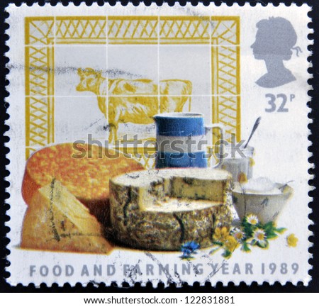 UNITED KINGDOM - CIRCA 1989: A stamp printed in Great Britain dedicated to food an farming, shows Dairy Produce, circa 1989