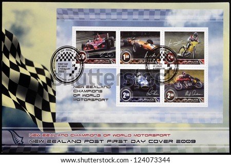 NEW ZEALAND - CIRCA 2009. Stamps printed in New Zealand dedicated to New Zealand champions of world motorsport, circa 2009