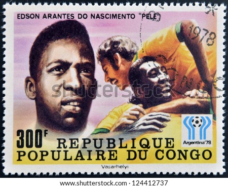 CONGO - CIRCA 1978: A stamp printed in Congo dedicated to the World Cup in Argentina 1978, shows Edson Arantes do Nascimento Pele, circa 1978