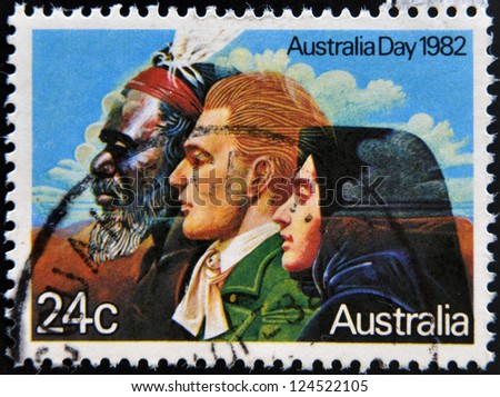 AUSTRALIA - CIRCA 1982: A stamp shows image of a Australian Aborigines and English messioner, circa 1982