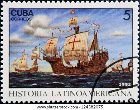 CUBA - CIRCA 1992: A stamp printed in cuba dedicated to Latin American history, shows Three ships stopping at Canary Islands, circa 1992