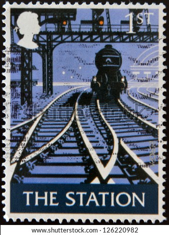 UNITED KINGDOM - CIRCA 2003: A stamp printed in Great Britain dedicated to British Pub Signs, shows the station, circa 2003