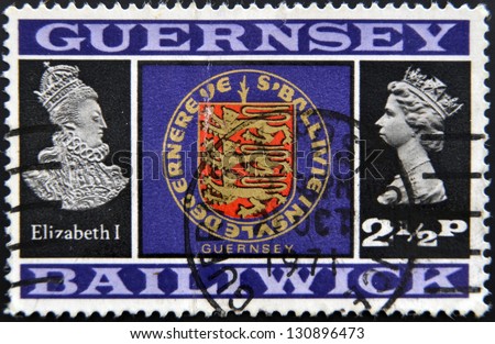 GUERNSEY - CIRCA 1971: Stamp printed in Guernsey shows Elizabeth I, shield and Elizabeth II, circa 1971